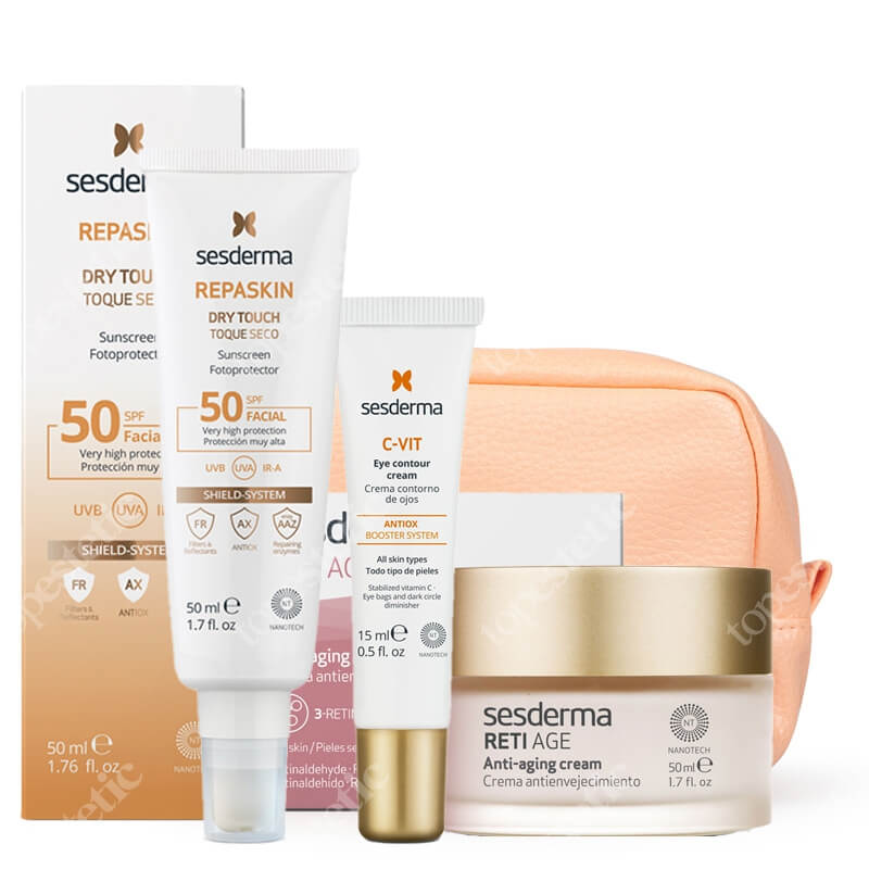 Sesderma C-VIT Eye Contour Cream + Reti Age Cream Anti Aging + Repaskin Dry Touch SPF 50 + Kosmetyczka Sesderma ZESTAW Krem pod oczy 15 ml + Krem przeciwzmarszczkowy 50 ml + Krem ochronny SPF50, 50 ml + Pomarańczowa 1 szt