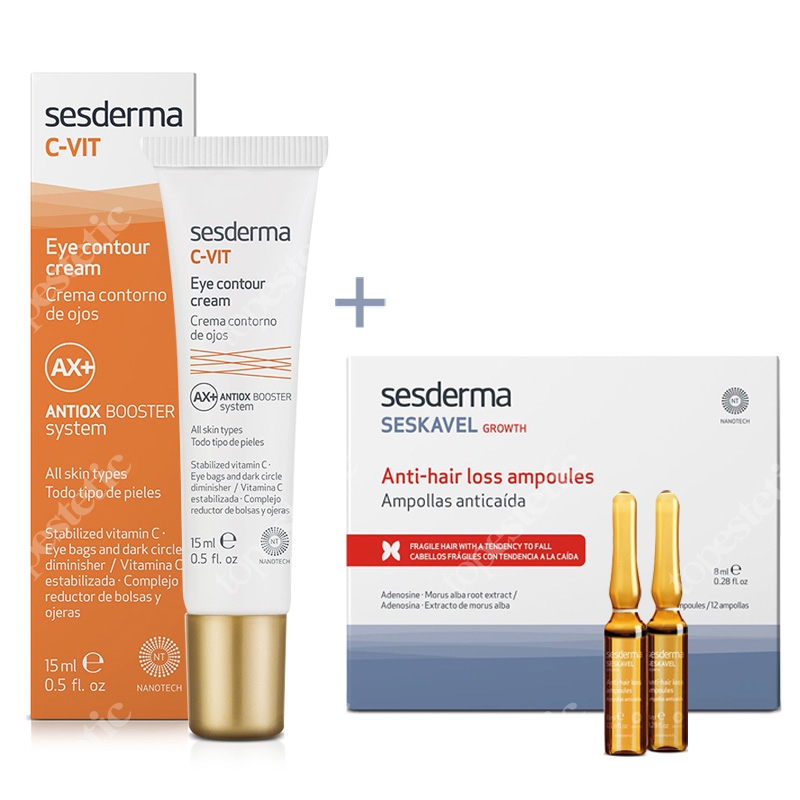 Sesderma C-VIT Eye Contour Cream + Seskavel Anti-Hair Loss Ampoules ZESTAW Krem pod oczy 15 ml + Ampułki przeciw wypadaniu włosów 12x8 ml