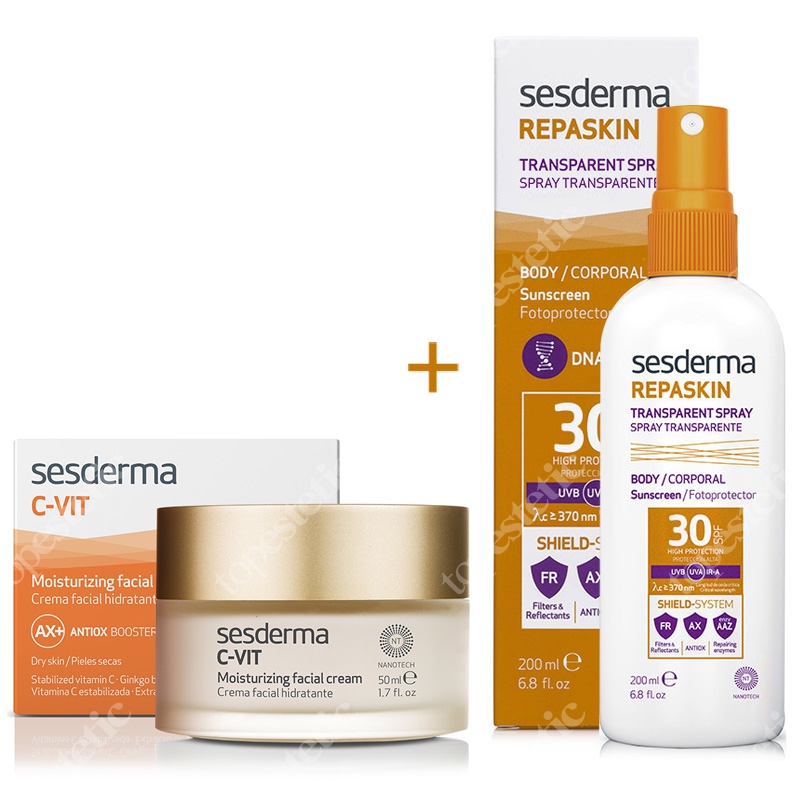 Sesderma C-VIT Moisturizing Facial Cream + Repaskin Transparent Spray ZESTAW Krem nawilżający 50 ml + Wysoka ochrona przeciwsłoneczna SPF 30 200 ml