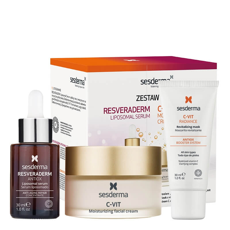 Sesderma C-VIT Moisturizing Facial Cream + Resveraderm Liposomal Serum Kartonik + C-VIT Radiance ZESTAW Krem nawilżający 50 ml + Serum liposomowe 30 ml + Rewitalizująca maska 30 ml