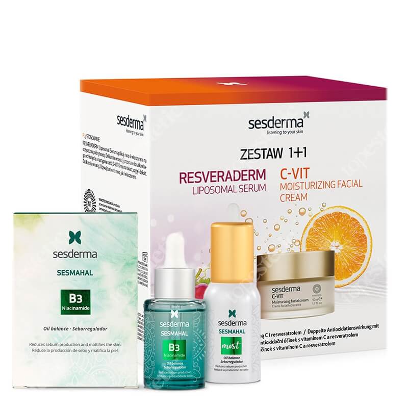 Sesderma C-VIT Moisturizing Facial Cream + Resveraderm Liposomal Serum Kartonik + Sesmahal B3 - Niacinamide + Sesmahal Mist ZESTAW Krem nawilżający 50 ml + Serum liposomowe 30 ml + Serum trójcząsteczkowe 30 ml + Mgiełka 30 ml