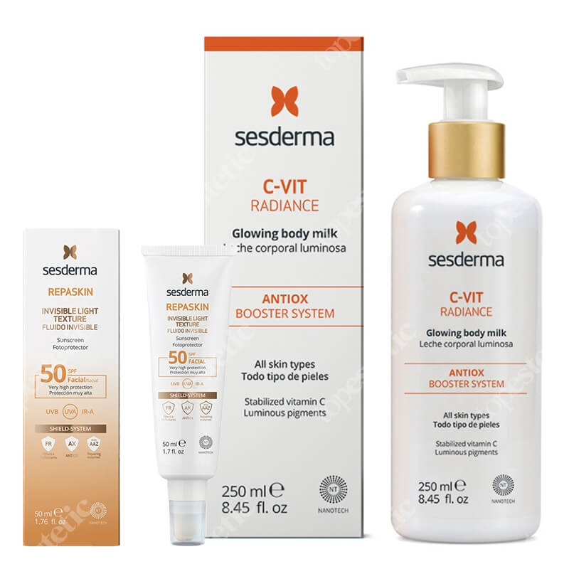 Sesderma C-VIT Radiance Glowing Body Milk + Repaskin Fluido Invisible SPF 50 ZESTAW Rozświetlające mleczko do ciała 250 ml + Emulsja 50 ml