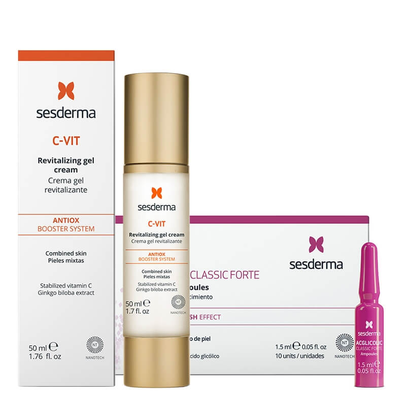 Sesderma C Vit Revitalizing Gel Cream + Acglicolic Classic Forte ZESTAW Krem żel 50 ml + Ampułki o silnym działaniu przeciwstarzeniowym 10 x 1,5 ml