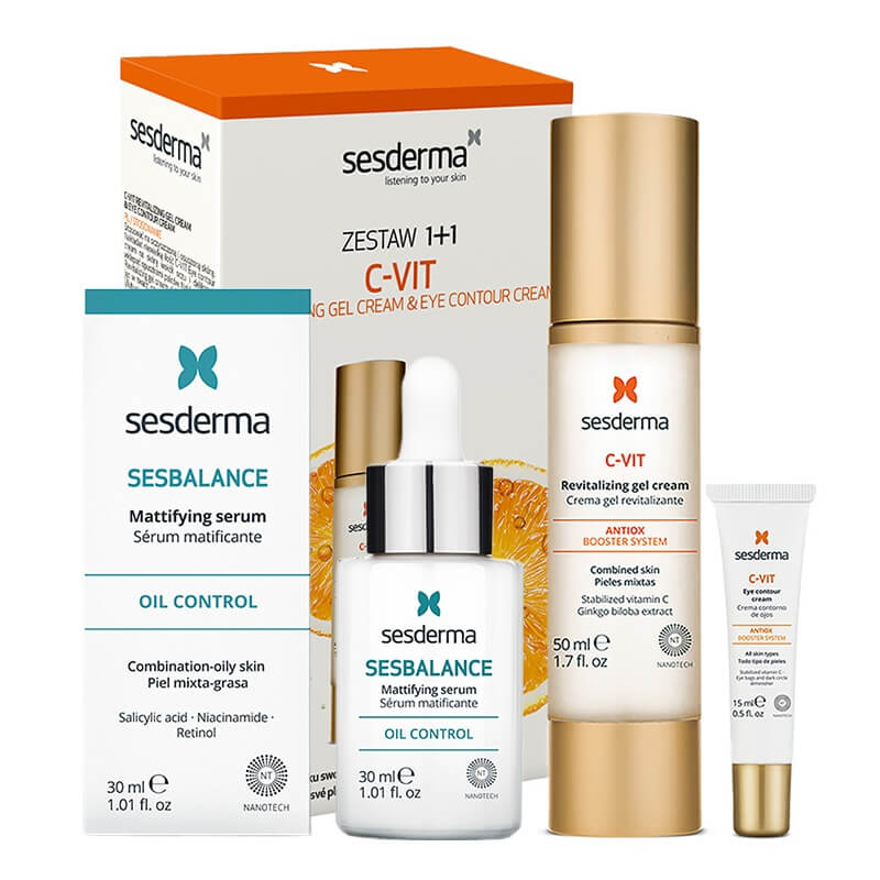 Sesderma C-VIT Revitalizing Gel Cream + C-VIT Eye Contour Cream + Sesbalance Mattifying Serum ZESTAW ZESTAW Krem - żel do cery tłustej 50 ml + Krem pod oczy 15 ml + Kartonik + Serum matujące, regulujące wydzielanie sebum z retinolem 30 m