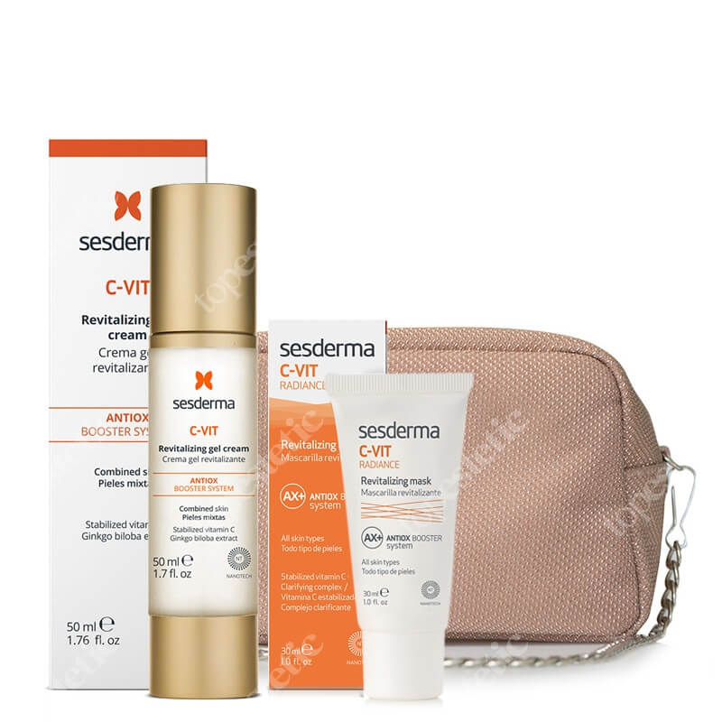 Sesderma C Vit Revitalizing Gel Cream + C-VIT Radiance + Kosmetyczka ZESTAW Krem żel 50 ml + Rewitalizująca maska 30 ml + Beżowa błyszcząca 1 szt