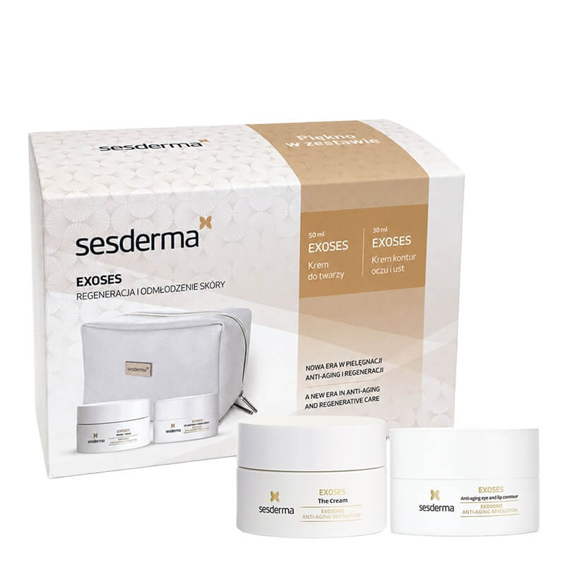 Sesderma Exoses Cream + Exoses Eye and Lip Contour ZESTAW Krem z egzosomami dla skóry mieszanej i suchej 50 ml + Krem przeciwstarzeniowy kontur oczu i ust 30 ml + Kosmetyczka