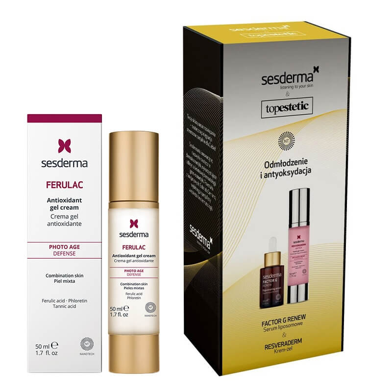 Sesderma Factor G Serum + Resveraderm Youth Gel Cream + Ferulac Cream - Gel ZESTAW Serum 30 ml + Krem-żel przeciwstarzeniowy 50 ml + Antyoksydacyjny krem - żel do twarzy z kwasem ferulowym 50 ml