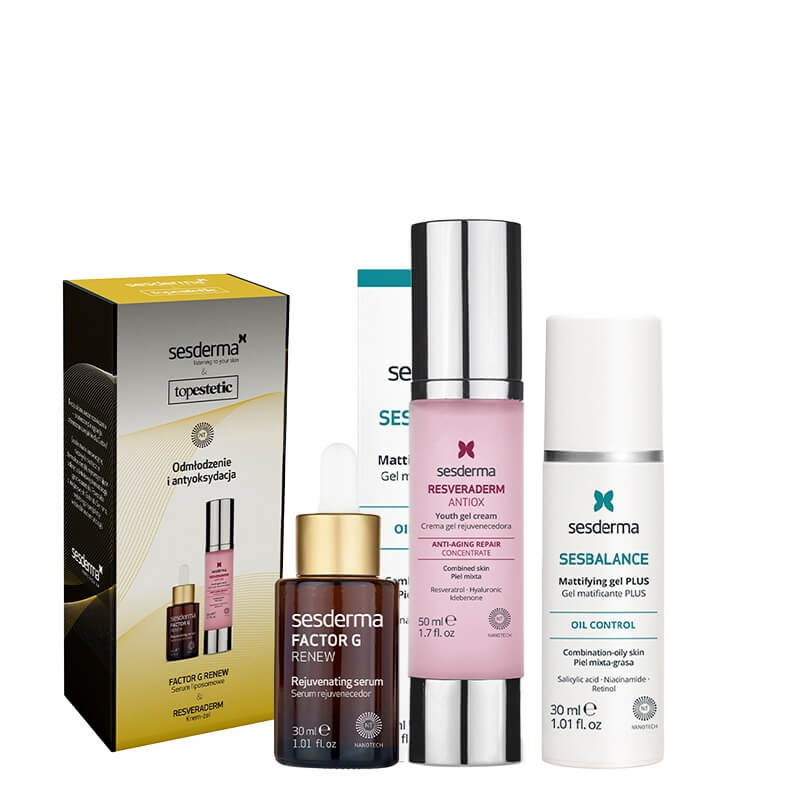 Sesderma Factor G Serum + Resveraderm Youth Gel Cream + Sesbalance Mattifying Gel Plus ZESTAW ZESTAW Odmłodzenie i Antyoksydacja - Serum 30 ml + Krem-żel przeciwstarzeniowy 50 ml + Żel matujący na noc 30 ml