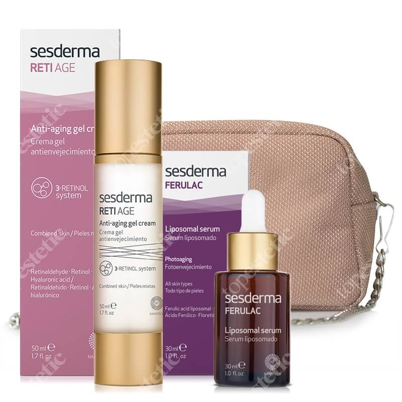 Sesderma Ferulac Liposomal Serum + Reti Age Anti-Aging Gel Cream + Kosmetyczka ZESTAW Serum liposomowe 30 ml + Krem-żel przeciwstarzeniowy 50 ml + Beżowa błyszcząca 1 szt
