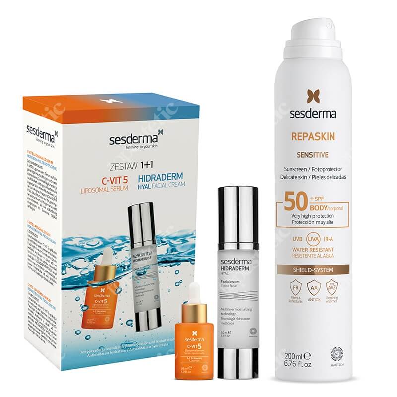 Sesderma Hidraderm Hyal + C-VIT 5 Liposomal Serum + Repaskin Aerosol Sensitive SPF 50+ ZESTAW ZESTAW Krem do twarzy 50 ml + Serum do twarzy z witaminą C 30 ml Kartonik + Wodoodporny spray z ochroną przeciwsłoneczną przed UVA, UVB