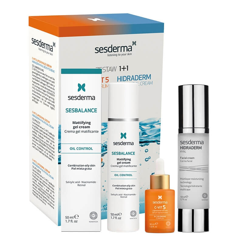 Sesderma Hidraderm Hyal + C-VIT 5 Liposomal Serum + Sesbalance Mattifying Gel Cream ZESTAW ZESTAW Krem do twarzy 50 ml + Serum do twarzy z witaminą C 30 ml Kartonik + Krem-żel matujący do skóry z tendencją do trądziku i błys