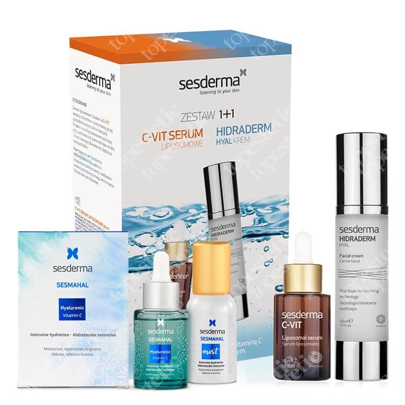 Sesderma Hidraderm Hyal + C-VIT Liposomal Serum + Sesmahal Hyaluronic + Sesmahal Mist ZESTAW Krem do twarzy 50 ml + Serum liposomowe 30 ml + Liposomalne serum z trzema rodzajami kwasu hialuronowego 30 ml + Mgiełka 30 ml