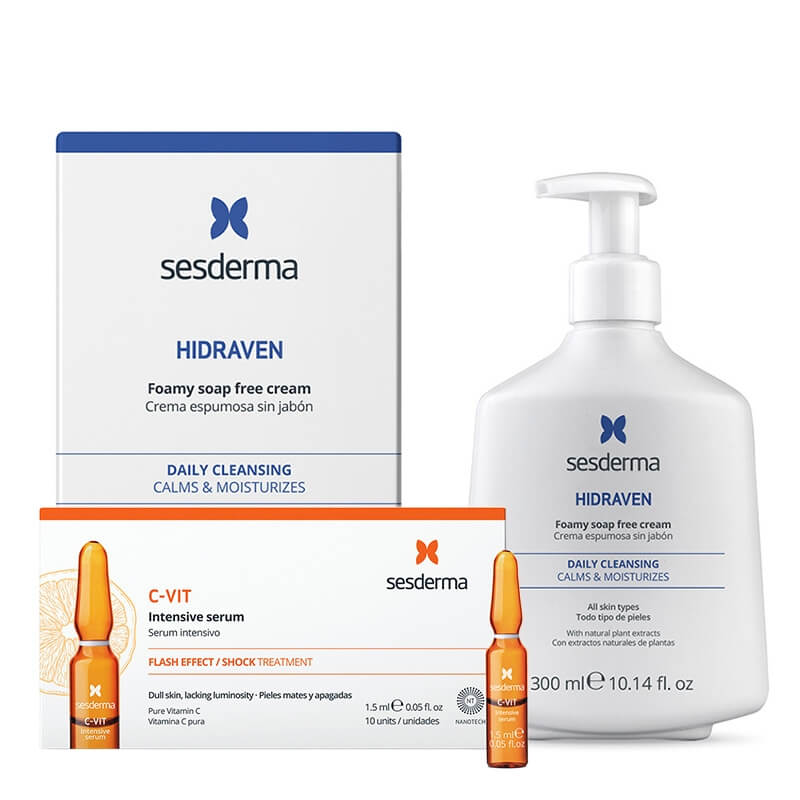 Sesderma Hidraven + C-VIT Intensive Serum ZESTAW Pienisty krem 300 ml + Intensywne Serum 12% Ampułki 10 x 1,5 ml