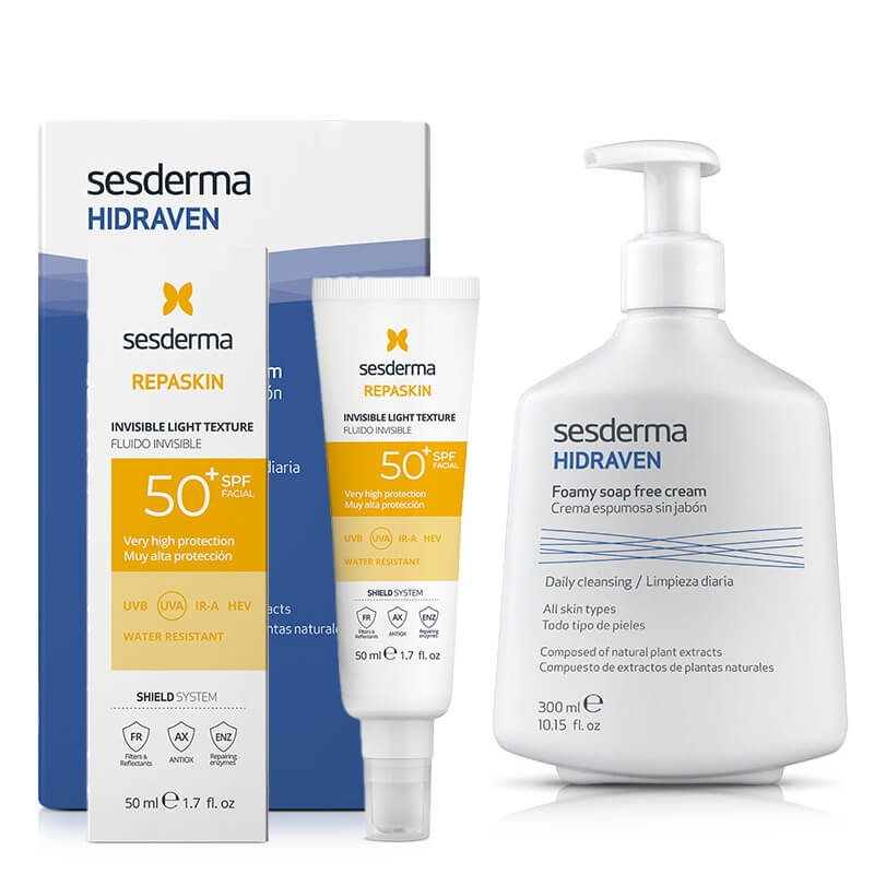 Sesderma Hidraven + Repaskin Fluido Invisible SPF 50+ New ZESTAW Pienisty krem 300 ml + Emulsja 50 ml