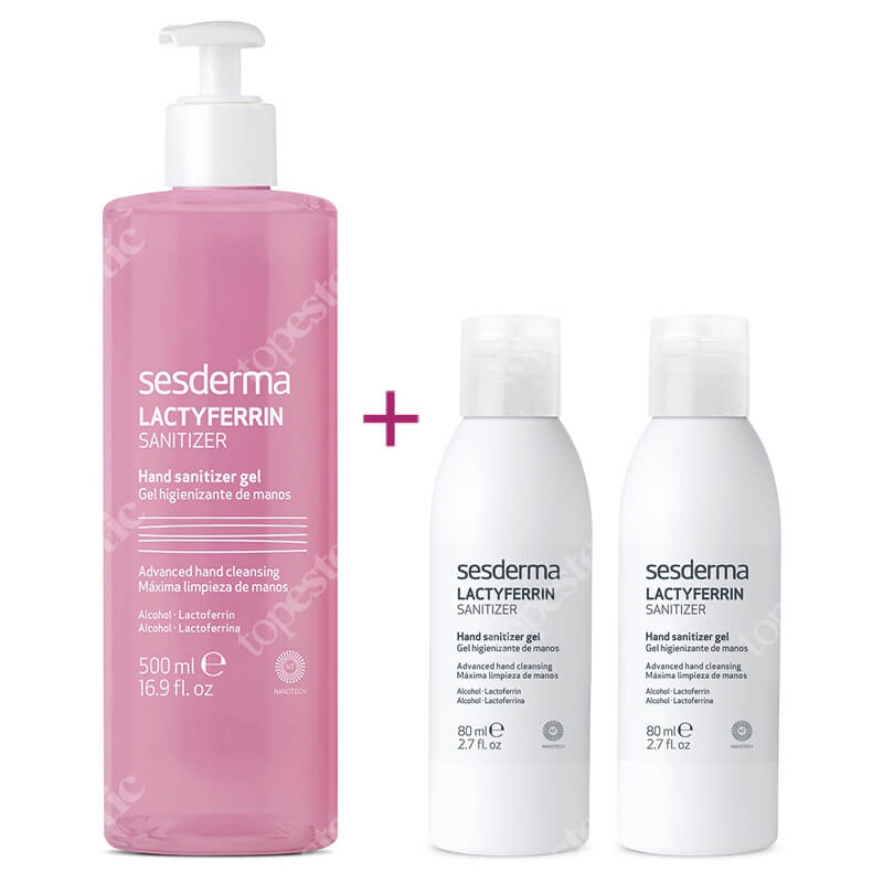 Sesderma Lactyferrin Hand Sanitizer Gel ZESTAW Żel do dezynfekcji rąk 500 ml + 2 x Żel do dezynfekcji rąk 80 ml
