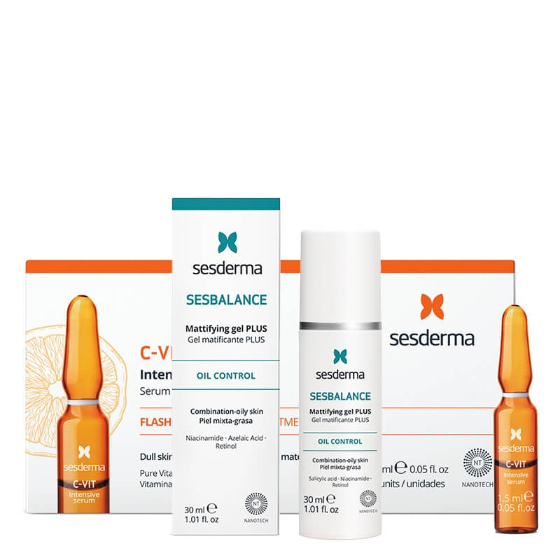 Sesderma Mattifying Gel Plus + C-VIT Intensive Serum ZESTAW Żel matujący na noc 30 ml + Intensywne Serum 12% Ampułki 10 x 1,5 ml