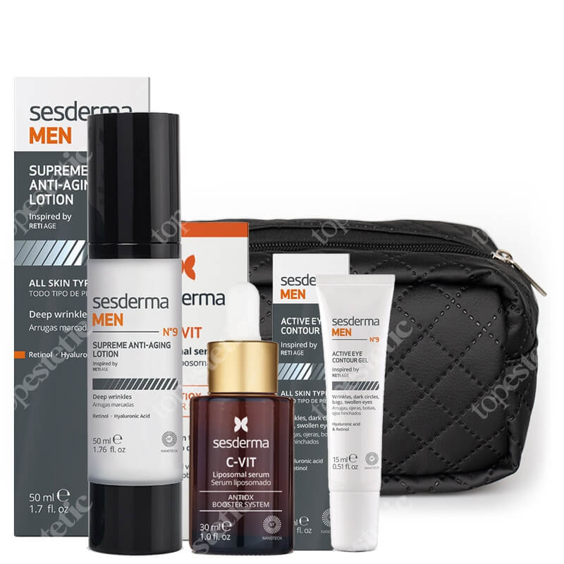 Sesderma MEN N9 Active Eye Contour Gel + C-VIT Liposomal Serum + MEN N9 Supreme Anti-Aging Lotion + Kosmetyczka Topestetic ZESTAW Żel pod oczy dla mężczyzn 15 ml + Serum liposomowe 30 ml + Krem przeciwzmarszczkowy do twarzy dla mężczyzn 50 ml + Czarna, duża 1 szt