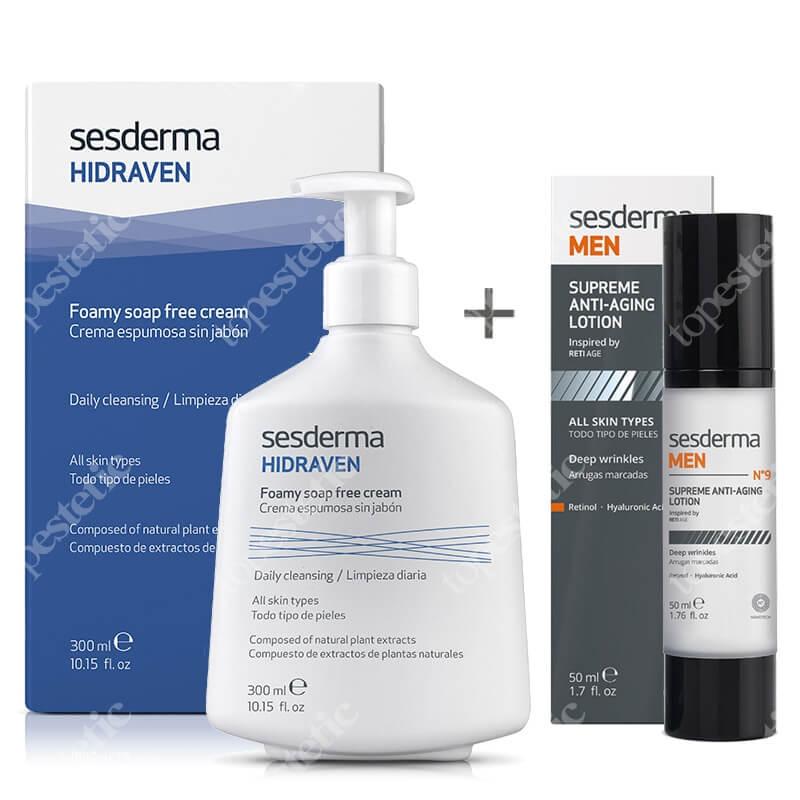 Sesderma MEN N9 Supreme Anti-Aging Lotion + Hidraven ZESTAW Krem przeciwzmarszczkowy do twarzy dla mężczyzn 50 ml + Pienisty krem 300 ml
