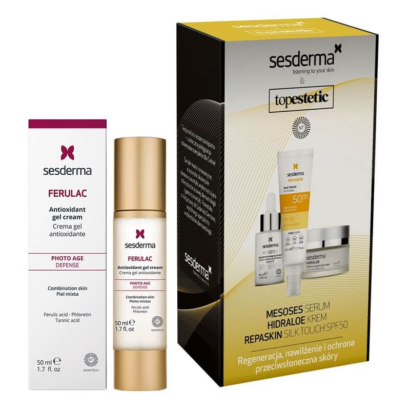 Sesderma Mesoses Serum + Hidraloe Creme + Repaskin Silk Touch + Ferulac Cream - Gel ZESTAW Serum 30 ml + Krem nawilżający 50 ml + Emulsja SPF 50+, 50 ml + Antyoksydacyjny krem - żel 50 ml