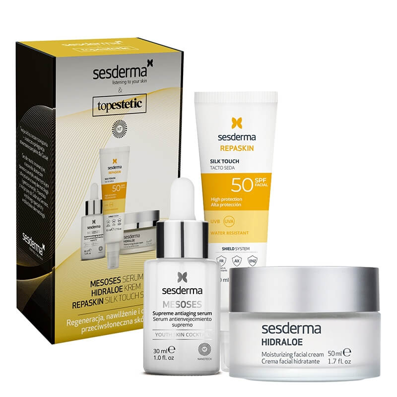 Sesderma Mesoses Serum + Hidraloe Creme + Repaskin Silk Touch ZESTAW Pielęgnacja Odżywczo - Nawilżająca - Serum 30 ml + Krem nawilżający 50 ml + Emulsja SPF 50+, 50 ml