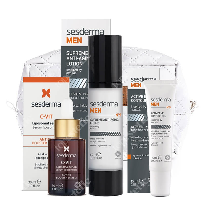 Sesderma Pielęgnacja dla Mężczyzn ZESTAW Żel pod oczy dla mężczyzn 15 ml + Krem przeciwzmarszczkowy do twarzy dla mężczyzn 50 ml + Serum liposomowe 30 ml + Kosmetyczka 1 szt