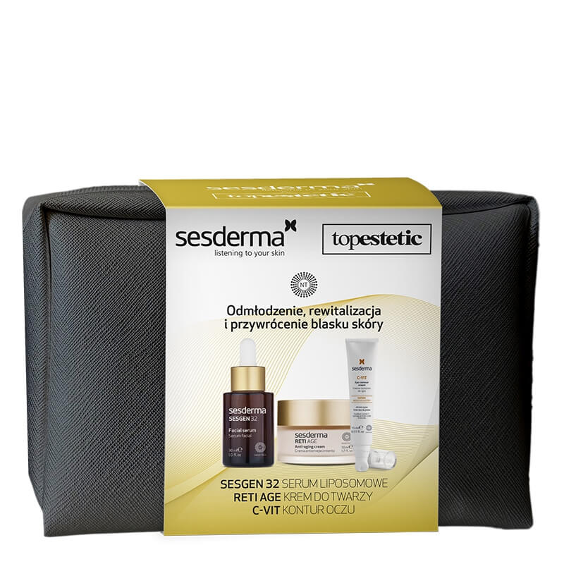Sesderma Pielęgnacja Odmładzająca ZESTAW Serum aktywujące komórki 30 ml + Krem przeciwzmarszczkowy 50 ml + Rozświetlający krem pod oczy 15 ml + Kosmetyczka