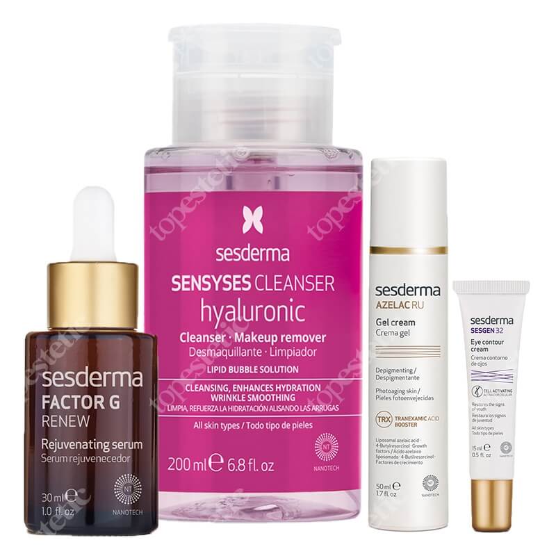 Sesderma Pielęgnacja Przeciwstarzeniowo - Depigmentująca ZESTAW Krem-Żel depigmentujący 50 ml + Krem kontur oczu 15 ml + Płyn oczyszczający, liposomowy 200 ml + Serum z pęcherzykami lipidowymi 30 ml