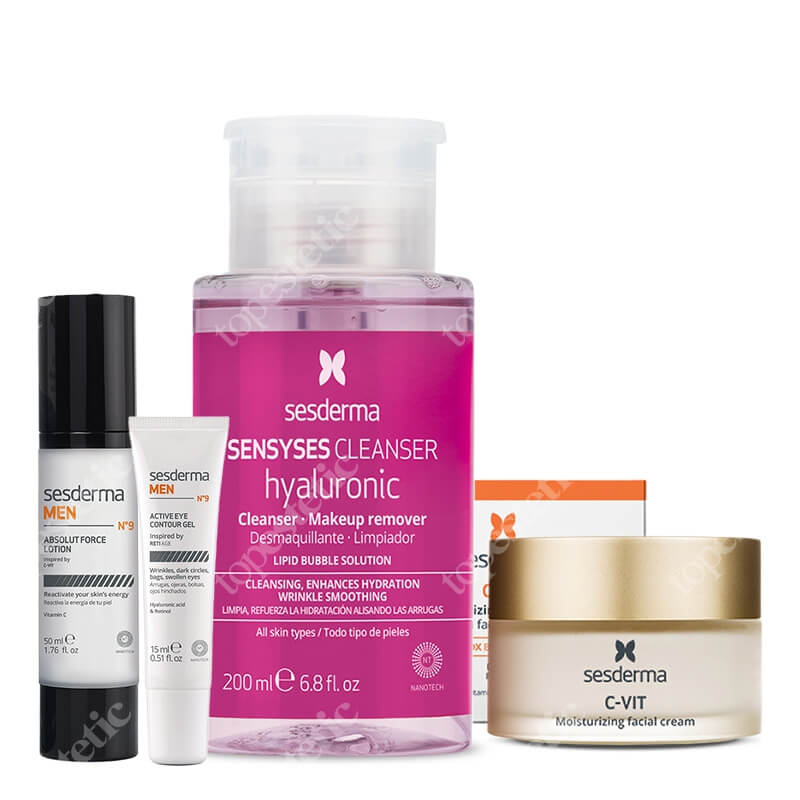 Sesderma Pielęgnacja Rewitalizująco - Rozświetlająco dla Mężczyzn ZESTAW Krem nawilżający 50 ml + Żel pod oczy 15 ml + Rewitalizująca emulsja do twarzy dla mężczyzn 50 ml + Płyn oczyszczający 200 ml