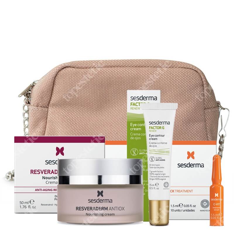 Sesderma Pielęgnacja Rozświetlająca Skóry Dojrzałej ZESTAW Intensywne Serum 12% Ampułki 10 x 1,5 ml + Krem przeciwstarzeniowy 50 ml + Krem pod oczy 15 ml + Kosmetyczka 1 szt