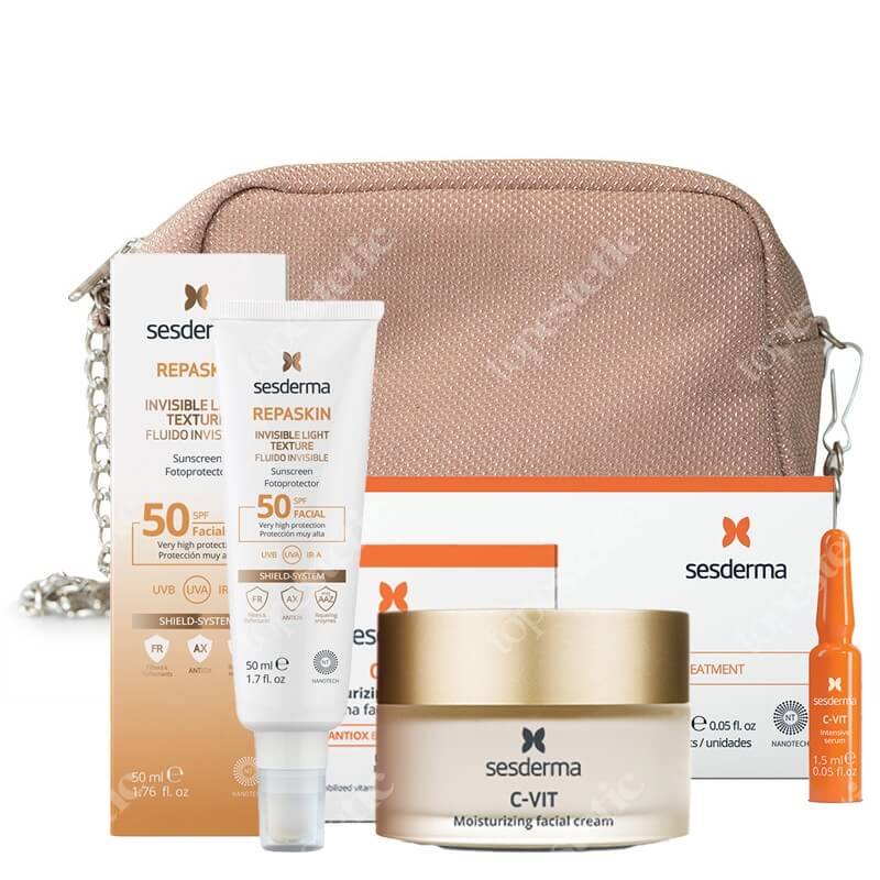Sesderma Pielęgnacja Rozświetlająca ZESTAW Krem nawilżający 50 ml + Intensywne Serum 12% Ampułki 10 x 1,5 ml + Emulsja SPF50 50 ml + Kosmetyczka 1 szt