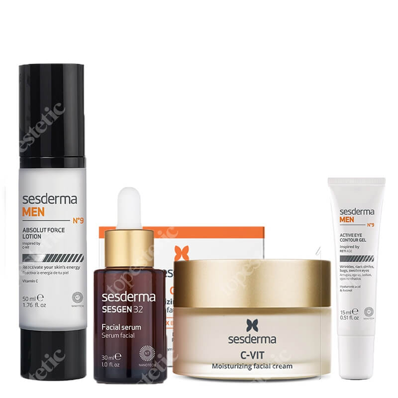 Sesderma Pielęgnacja Rozświetlająco - Rewitalizująca dla Mężczyzn ZESTAW Krem nawilżający 50 ml + Żel pod oczy dla mężczyzn 15 ml + Rewitalizująca emulsja do twarzy dla mężczyzn 50 ml + Serum aktywujące k