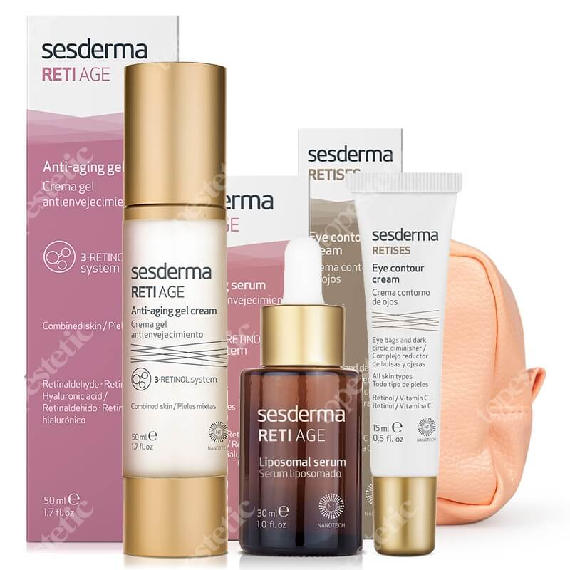 Sesderma Pielęgnacja Skóry Dojrzałej ZESTAW Krem-żel przeciwstarzeniowy 50 ml + Serum przeciwzmarszczkowe 30 ml + Przeciwzmarszczkowy krem pod oczy 15 ml + Pomarańczowa kosmetyczka 1 szt