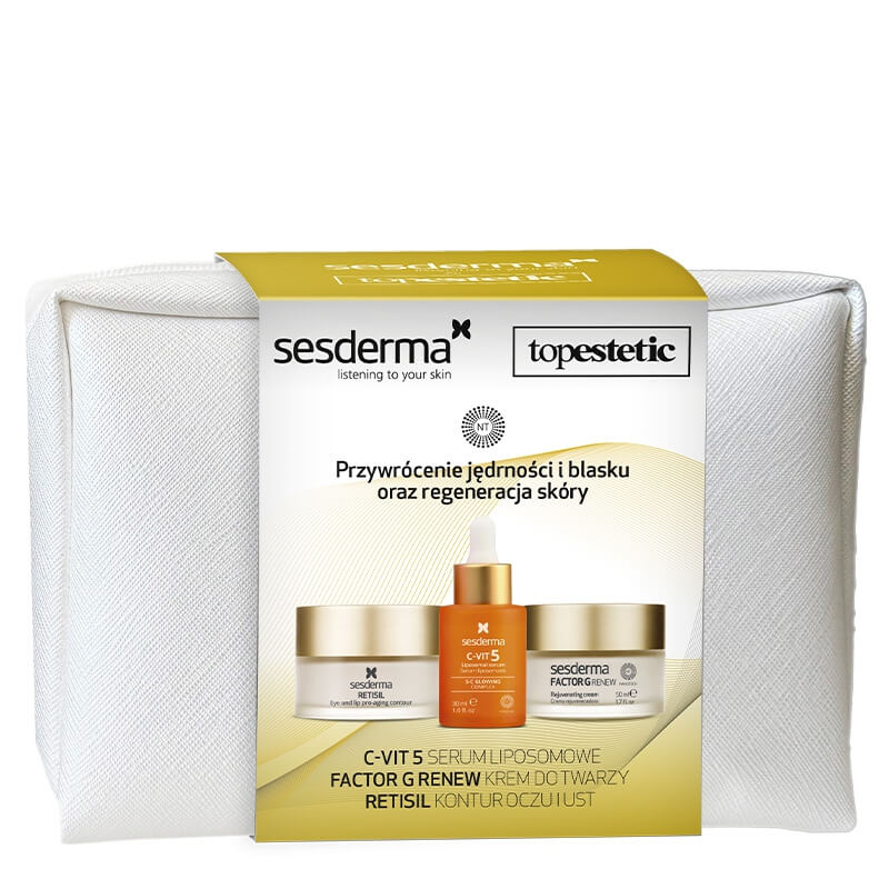 Sesderma Pielęgnacja Skóry Dojrzałej ZESTAW Serum do twarzy z witaminą C 30 ml + Krem przeciwstarzeniowy 50 ml + Krem poprawiający konturu oczu i ust 30 m + Kosmetyczka 1 szt