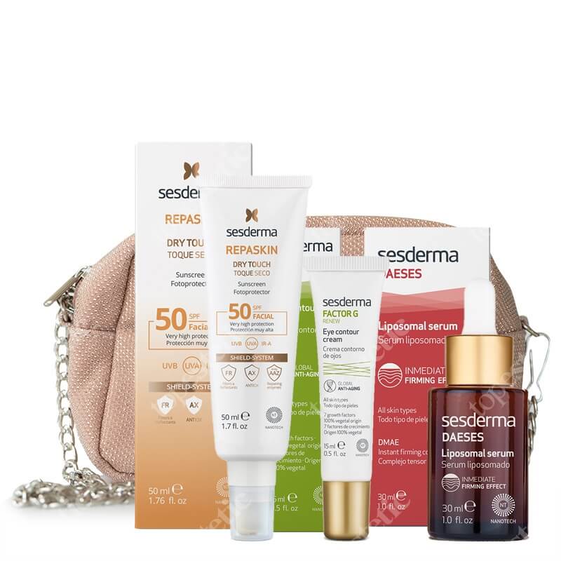 Sesderma Pielęgnacja Skóry Dojrzałej ZESTAW Serum liposomowe liftingujące 30 ml + Krem pod oczy 15 ml + Krem ochronny SPF50, 50 ml + Kosmetyczka 1 szt