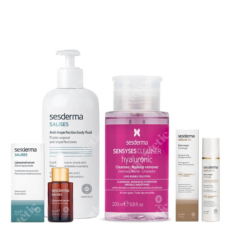Sesderma Pielęgnacja Skóry Tłustej, Trądzikowej ZESTAW Krem-Żel depigmentujący 50 ml + Serum 30 ml + Balsam do ciała 200 ml + Płyn oczyszczający 200 ml