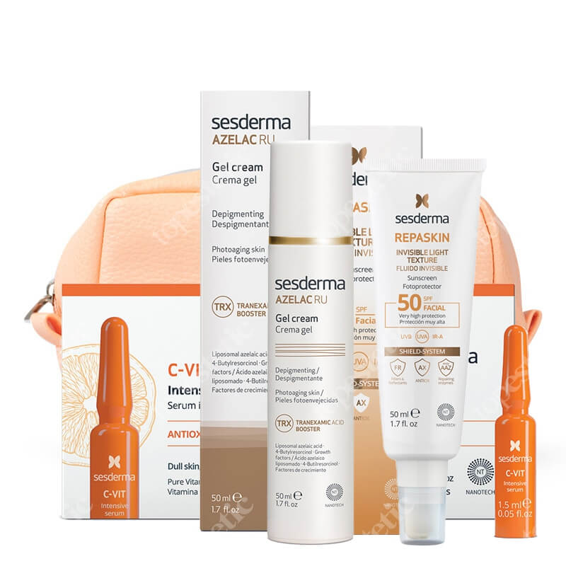 Sesderma Pielęgnacja Wyrównująca Koloryt Skóry ZESTAW Krem-Żel depigmentujący 50 ml + Intensywne Serum 12% Ampułki 10 x 1,5 ml + Emulsja 50 ml + Kosmetyczka 1 szt