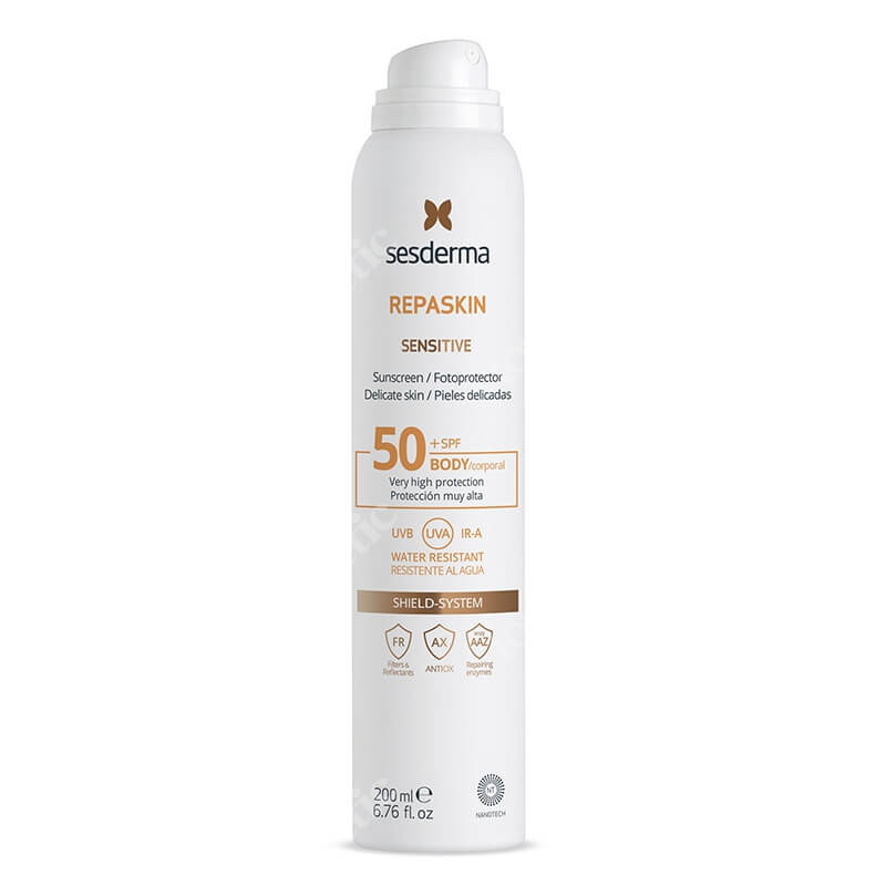 Sesderma Repaskin Aerosol Sensitive SPF 50+ Wodoodporny spray z ochroną przeciwsłoneczną przed UVA, UVB oraz IR do ciała 200 ml