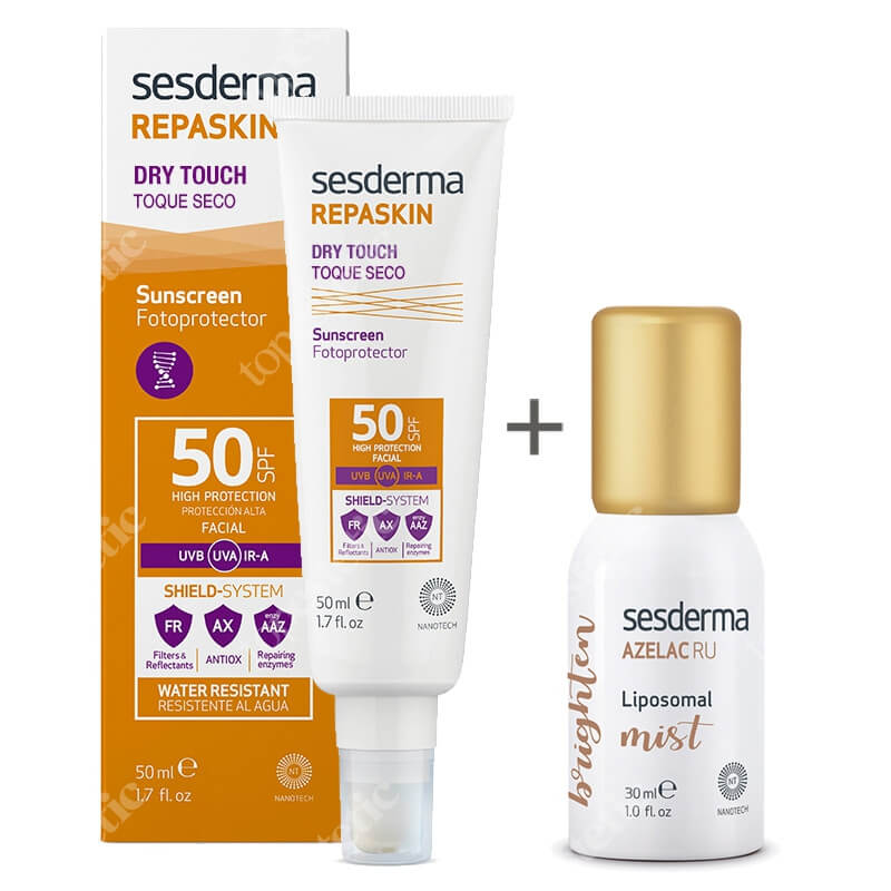 Sesderma Repaskin Dry Touch SPF 50 + Azelac Ru Liposomal Mist ZESTAW Krem ochronny SPF50 nowa formuła 50 ml + Mgiełka depigmentująca 30 ml