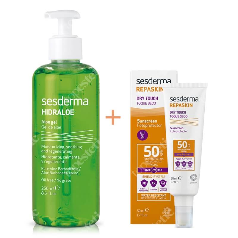 Sesderma Repaskin Dry Touch SPF 50 + Hidraloe ZESTAW Krem ochronny SPF50 nowa formuła 50 ml + Żel Aloe 250 ml