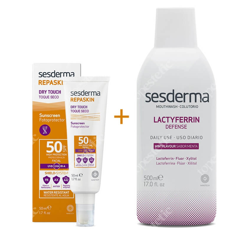 Sesderma Repaskin Dry Touch SPF 50 + Lactyferrin Mouth Wash ZESTAW Krem ochronny SPF50 nowa formuła 50 ml + Płyn do płukania ust 500 ml