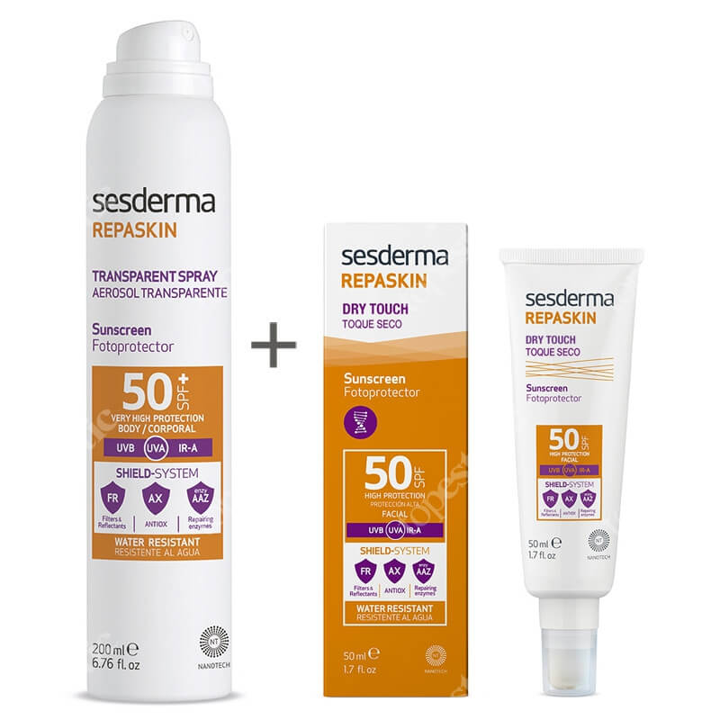 Sesderma Repaskin Dry Touch SPF 50 + Repaskin Transparent Spray Aerosol SPF 50+ ZESTAW Krem ochronny SPF50 nowa formuła 50 ml + Spray przeciwsłoneczny do ciała 200 ml