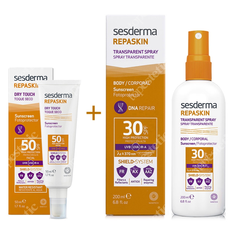Sesderma Repaskin Dry Touch SPF 50 + Repaskin Transparent Spray ZESTAW Krem ochronny SPF50 nowa formuła 50 ml + Wysoka ochrona przeciwsłoneczna SPF 30 200 ml