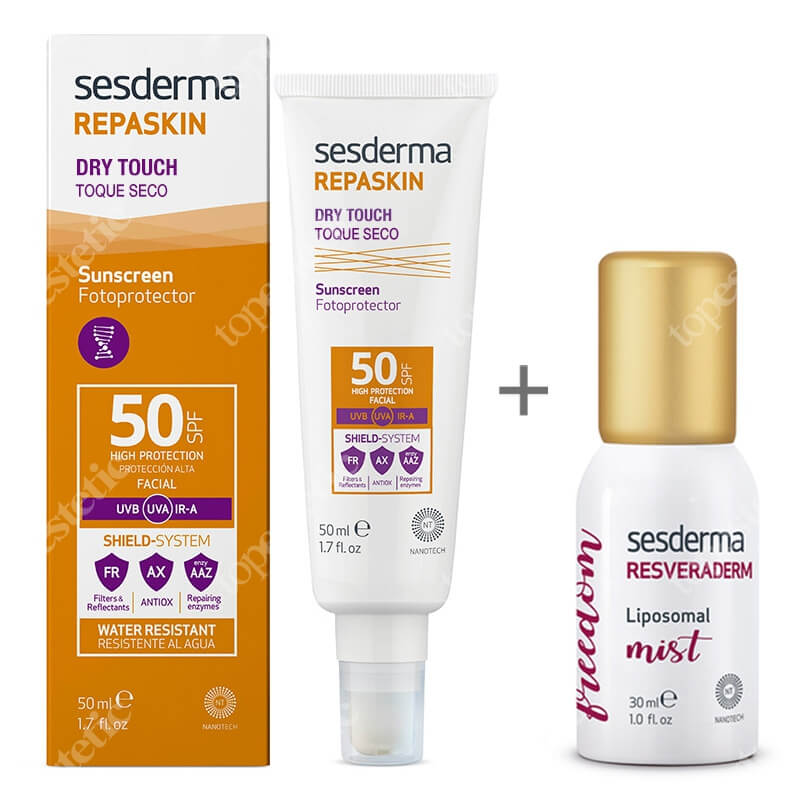 Sesderma Repaskin Dry Touch SPF 50 + Resveraderm Liposomal Mist ZESTAW Krem ochronny SPF50 nowa formuła 50 ml + Mgiełka antyoksydacyjna 30 ml