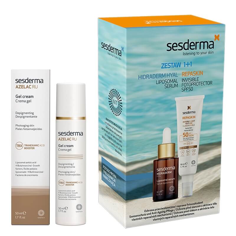 Sesderma Repaskin Fluido Invisible SPF 50 + Hidraderm Hyal Liposomal Serum + Azelac RU Gel Cream ZESTAW ZESTAW Emulsja 50 ml + Serum 30 ml + Krem-Żel depigmentujący 50 ml