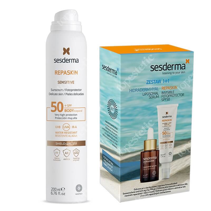 Sesderma Repaskin Fluido Invisible SPF 50 + Hidraderm Hyal Liposomal Serum + Repaskin Aerosol Sensitive SPF 50+ ZESTAW ZESTAW Emulsja 50 ml + Serum 30 ml + Wodoodporny spray z ochroną przeciwsłoneczną przed UVA, UVB oraz IR do ciała 200 ml