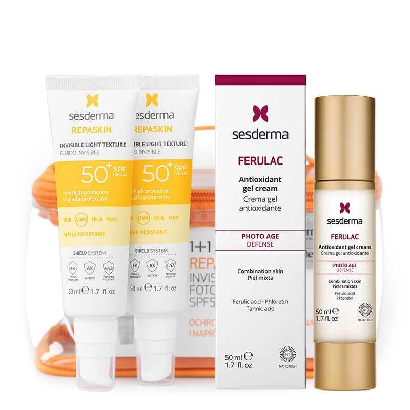 Sesderma Repaskin Fluido Invisible SPF 50+ New x 2 + Ferulac Cream - Gel ZESTAW ZESTAW Emulsja 50 ml x 2 + Antyoksydacyjny krem - żel do twarzy z kwasem ferulowym 50 ml + Kosmetyczka