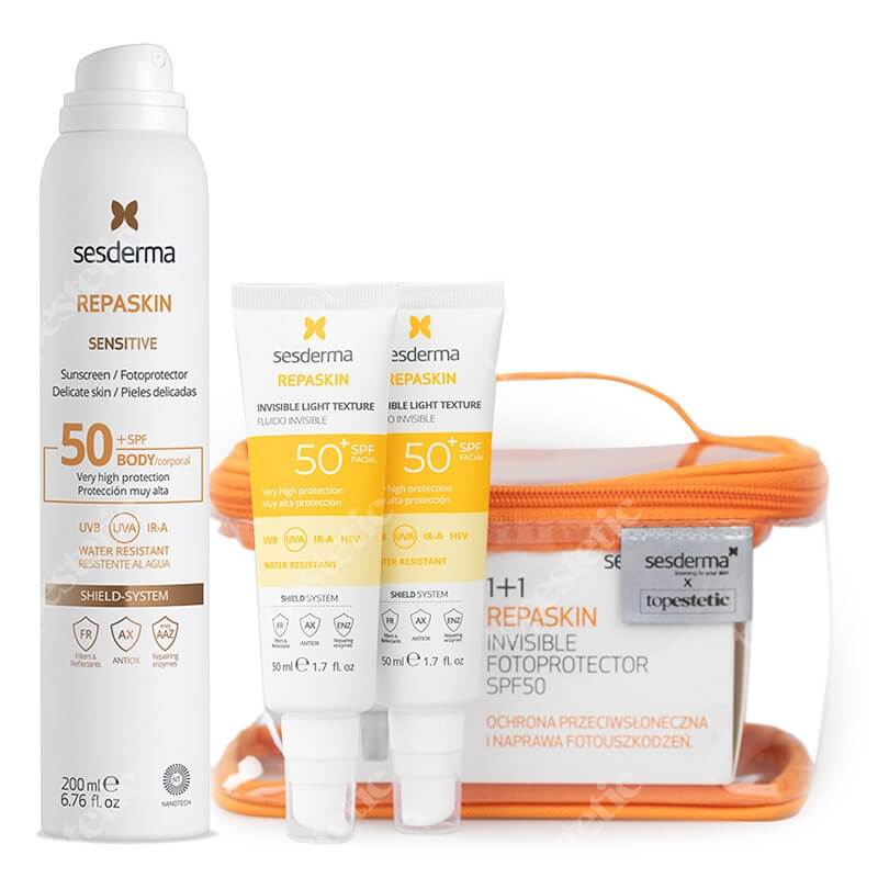 Sesderma Repaskin Fluido Invisible SPF 50+ New x 2 + Repaskin Aerosol Sensitive SPF 50+ ZESTAW Emulsja 50 ml x 2 + Kosmetyczka + Wodoodporny spray z ochroną przeciwsłoneczną przed UVA, UVB oraz IR,A do ciała 200 ml
