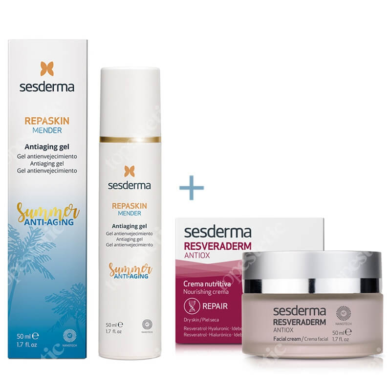 Sesderma Repaskin Mender Antiaging Gel + Resveraderm Facial Cream ZESTAW Żel przeciwstarzeniowy 50 ml + Krem przeciwstarzeniowy 50 ml