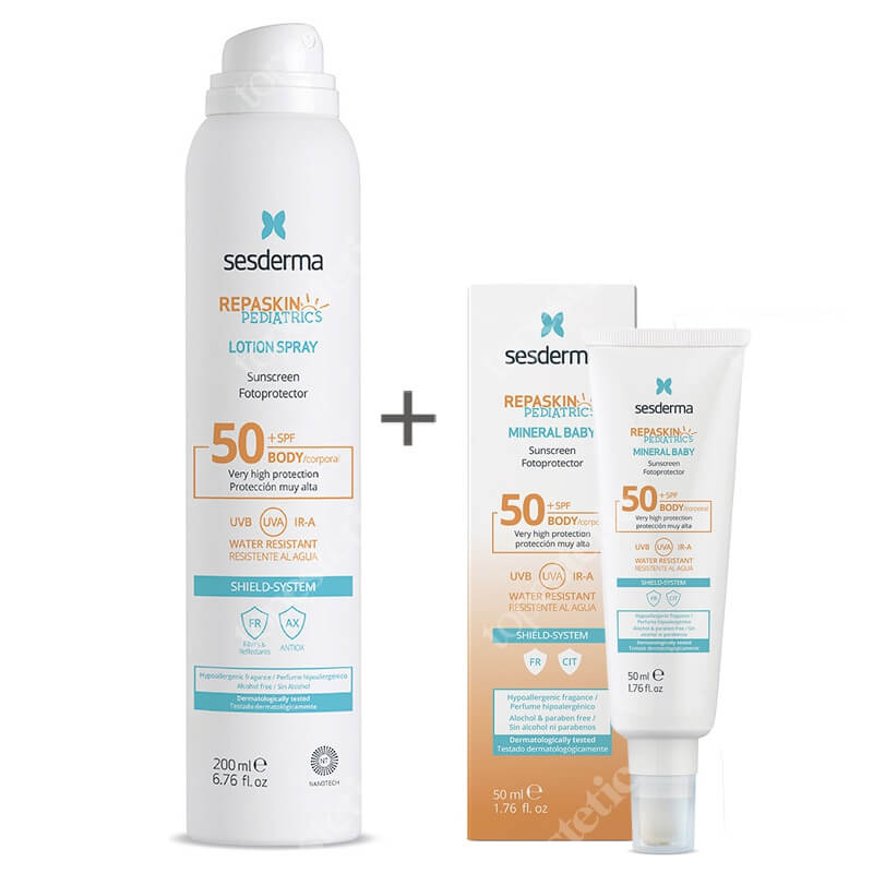 Sesderma Repaskin Mineral Baby Fotoprotector SPF 50+ + Repaskin Lotion Body Spray SPF 50+ ZESTAW Wodoodporny krem przeciwsłoneczny dla dzieci 50 ml + Spray przeciwsłoneczny dla dzieci 200 ml