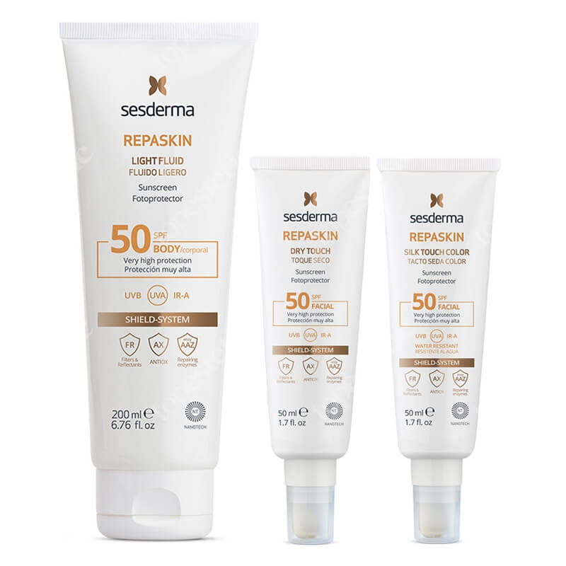 Sesderma Repaskin Set ZESTAW Krem-żel do ciała 200 ml + 50 ml + Krem ochronny SPF50,50 ml + Koloryzujący krem zapewniający wysoką ochronę przeciwsłoneczną 50 ml